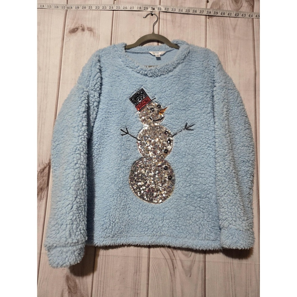 Time And Tru Sweater Womens Medium Blue Sequin Snowman Fleece Pullover Holiday